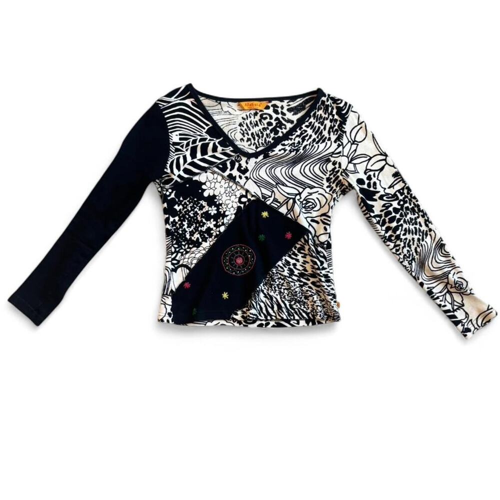Y2K Fitted Black Graphic Long Sleeve – Euro Indie Patchwork Top M